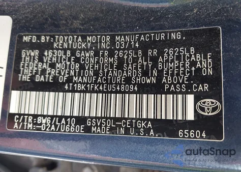 2014 Toyota Camry Xle V6 z USA, uszkodzony, nr VIN 4T1BK1FK4EU548094